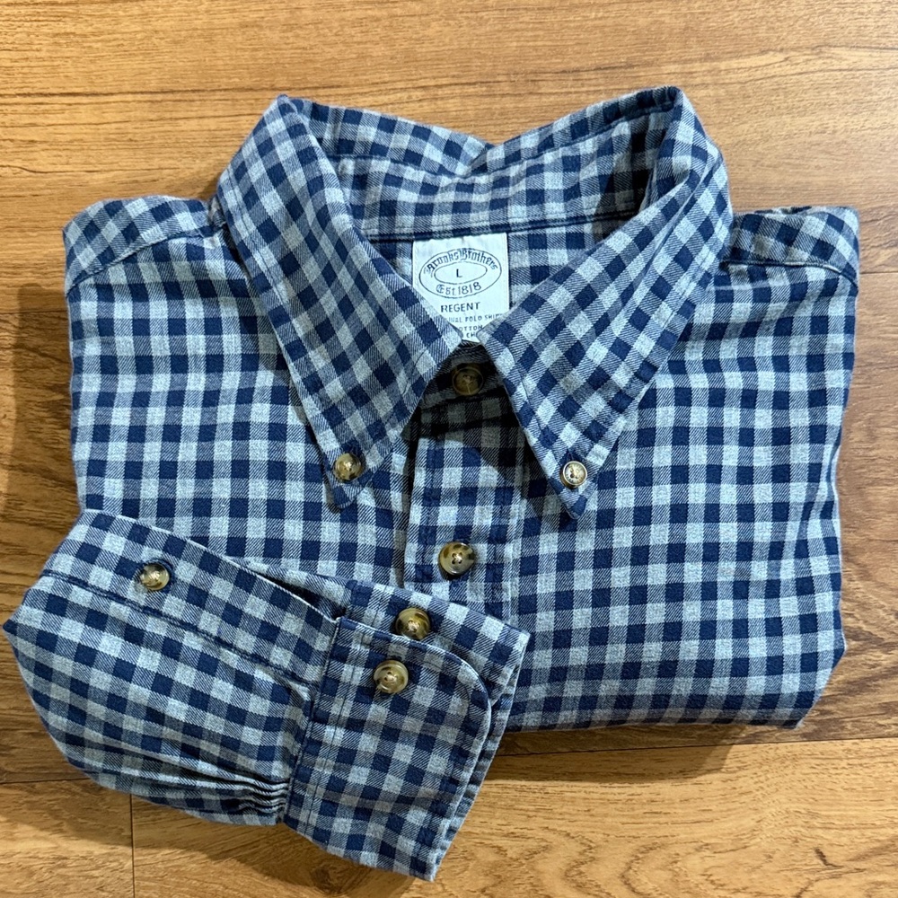 Brooks Brothers Men Large Navy/Gray Square Single Pocket Button Down Shirt Soft - Picture 6 of 11